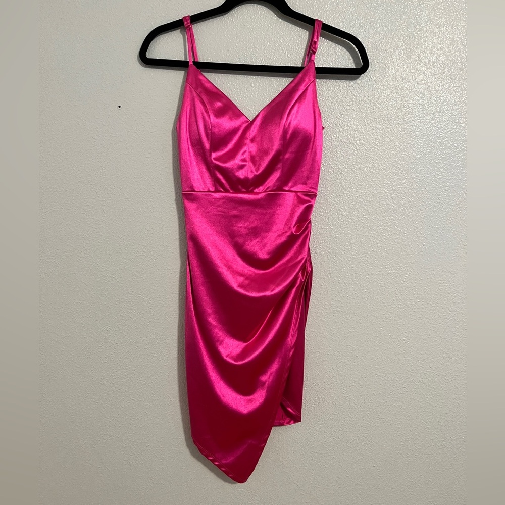 Honey and Rosie asymmetrical Fuchsia Satin Slip Dress w/ Spaghetti Straps Small